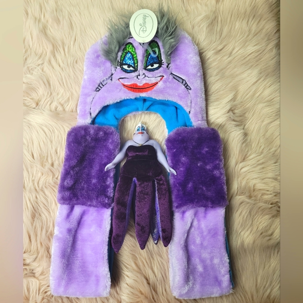 NWT DISNEY URSULA FUZZY HAT SCARF HAND WARMERS AND DOLL